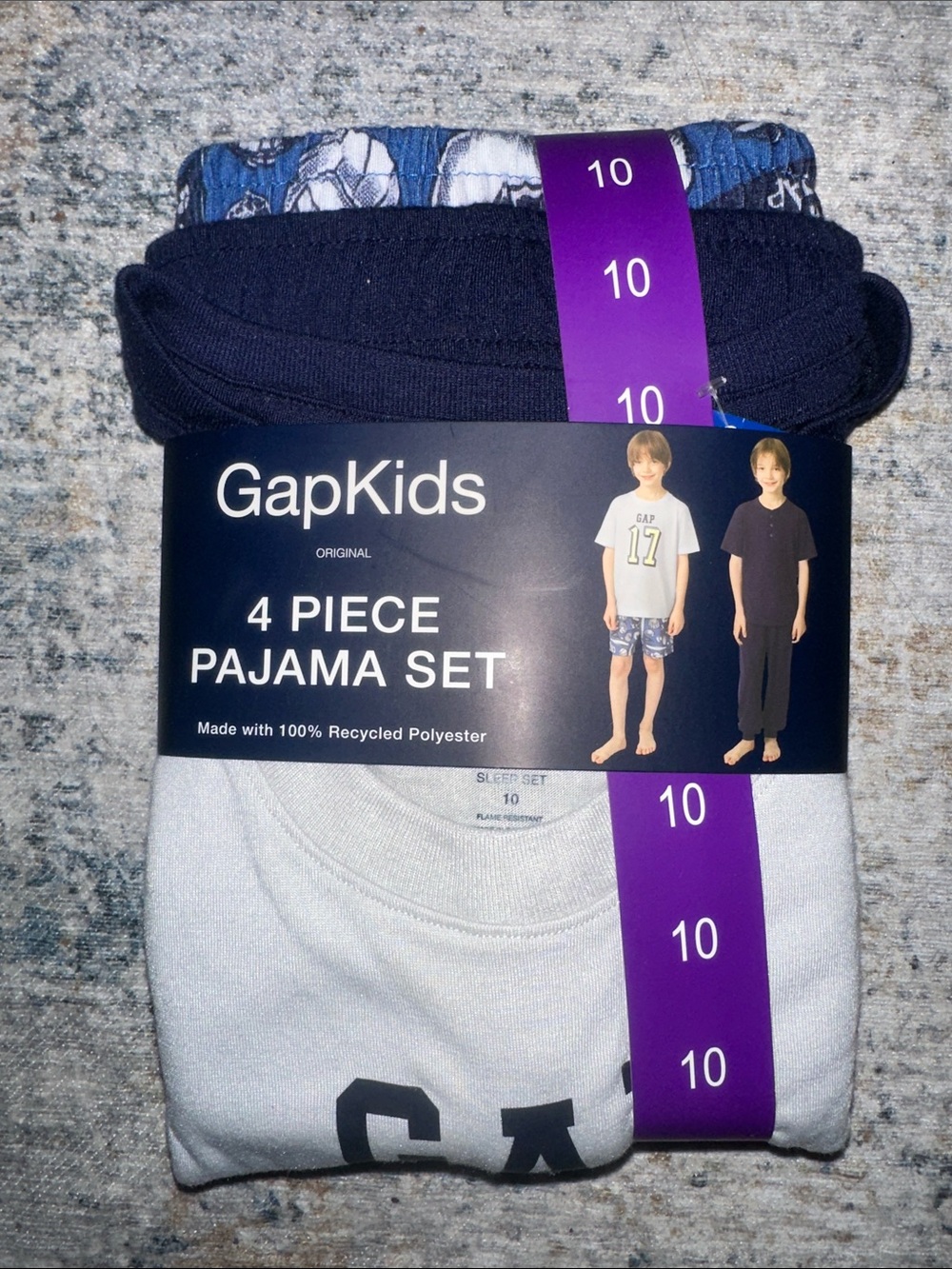 GAP Kids 4-Piece Pajama Set in White, Navy, and Blue Pattern